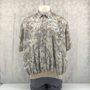 Alan Stuart Polo Shirt Mens 1X Tan Abstract Feather Print Blouson Vintage USA